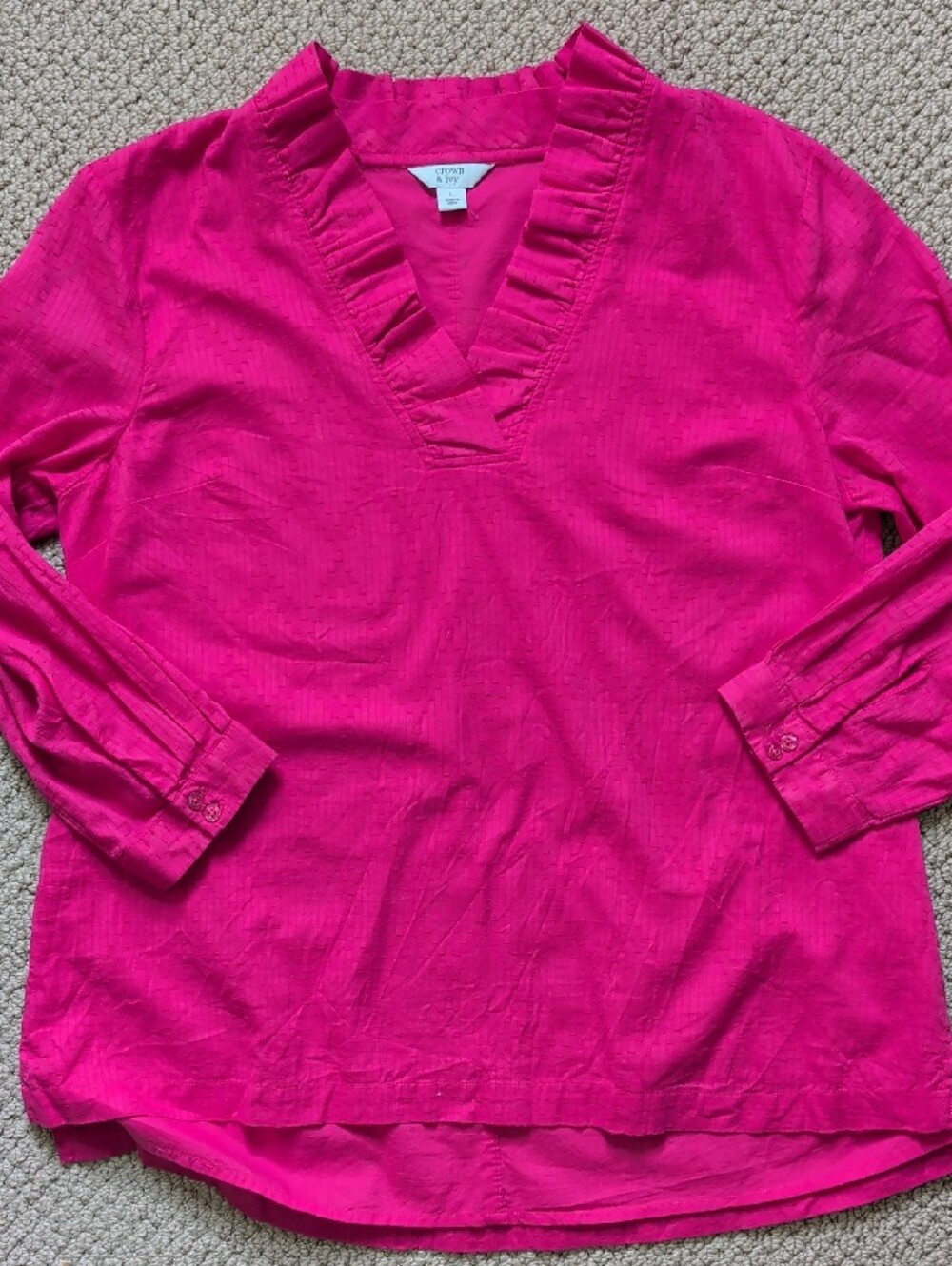 Fushia V-Neck Ruffle Trim Textured Lined Cotton Blouse Preppy Feminine L
